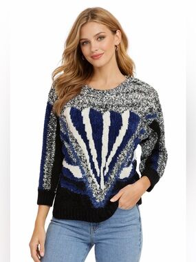 Vtg 80s Bonnie & Bill Chenille Sweater Abstract Blue Black White Pullover M